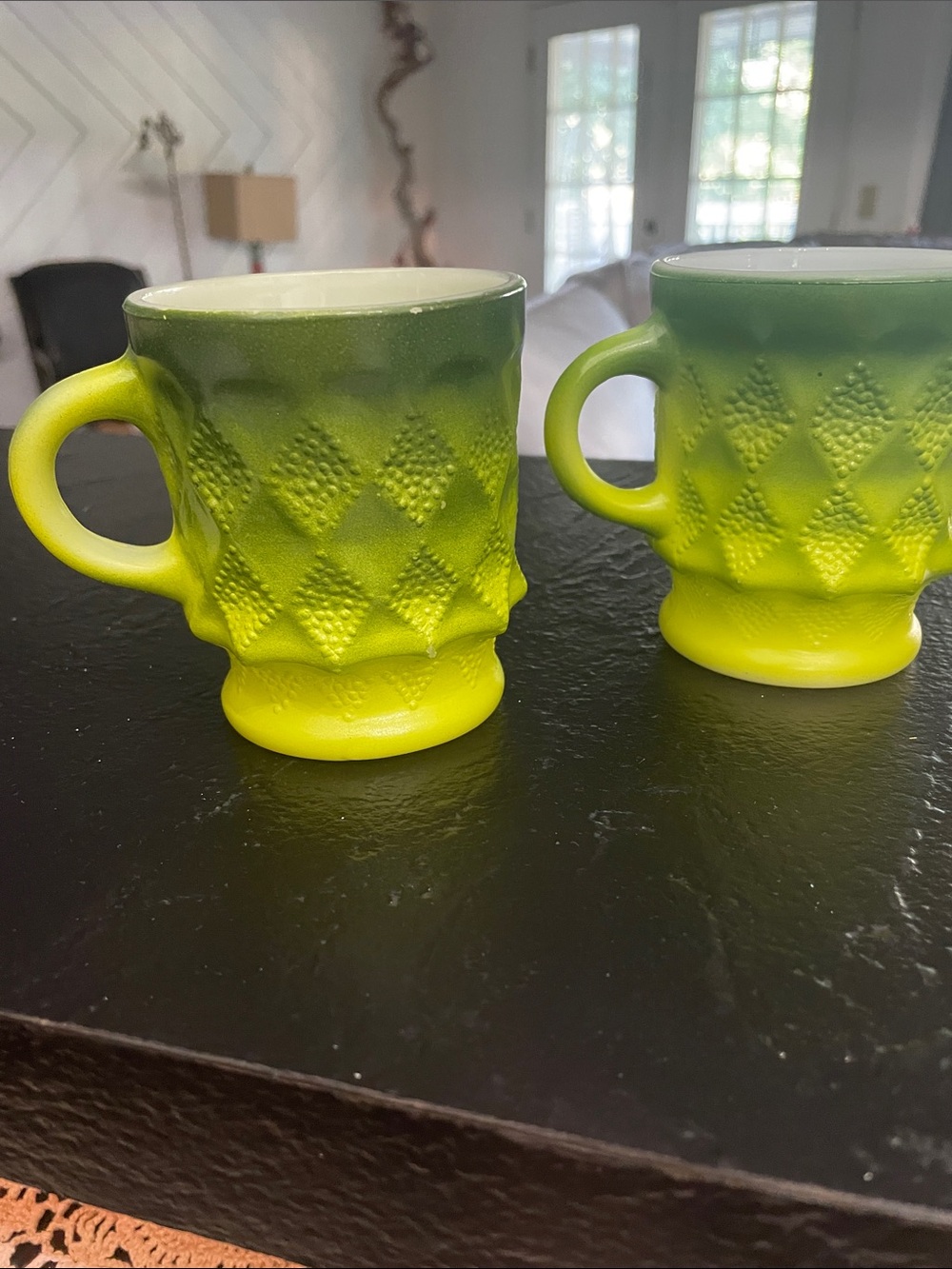 Fire King Kimberly Green Ombre Diamond Textured Glass Mugs - Set of 4 - Picture 3 of 10